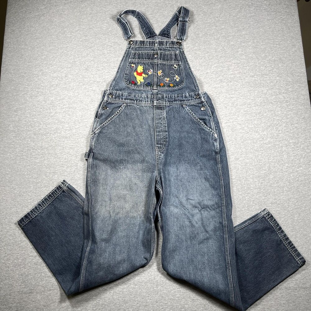 Disney Winnie Pooh Overalls Size M Chasing Bees Flower Y2K Embroidered 90s VTG